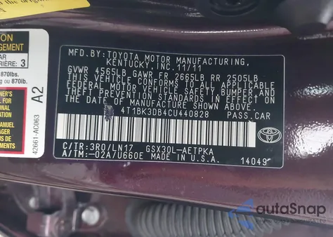 2012 Toyota Avalon Base from USA, damaged, VIN 4T1BK3DB4CU440828